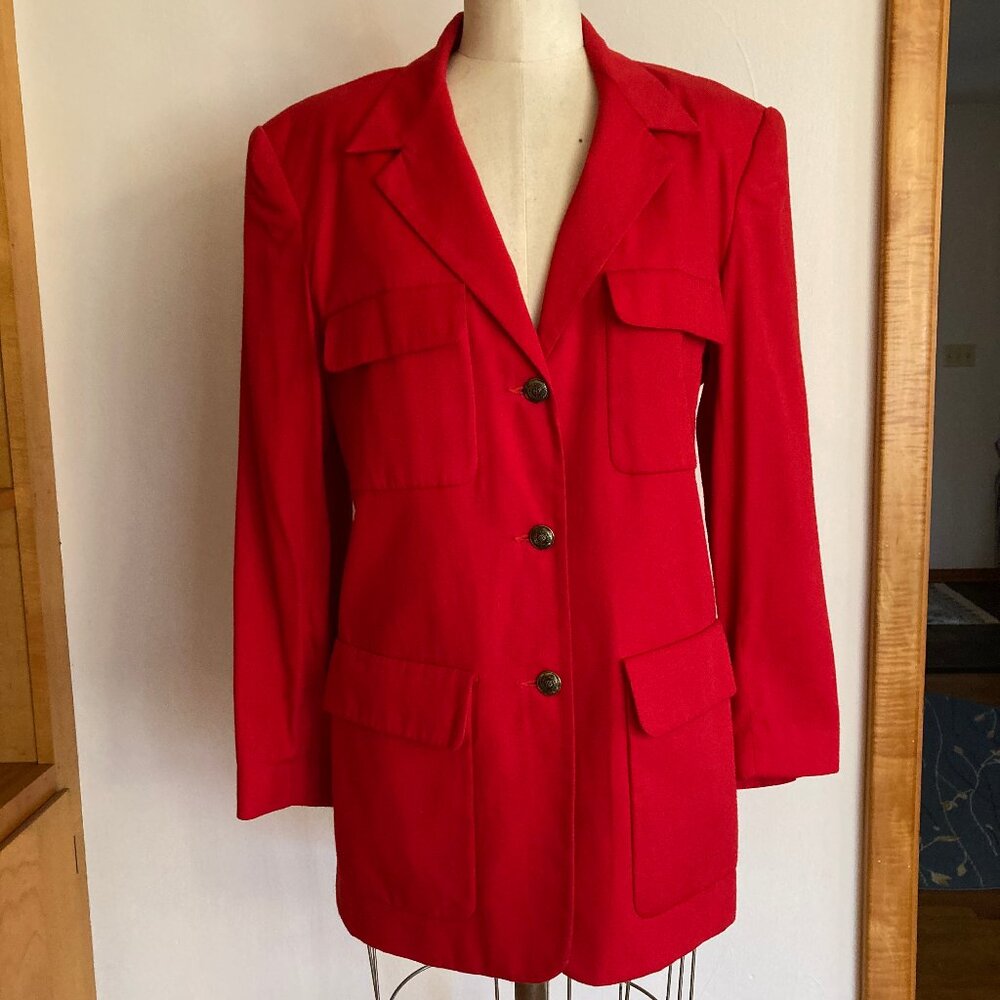 CHAUS Real Red Blazer Utility Style Welsh Rugby Emblem Rayon Fully Lined